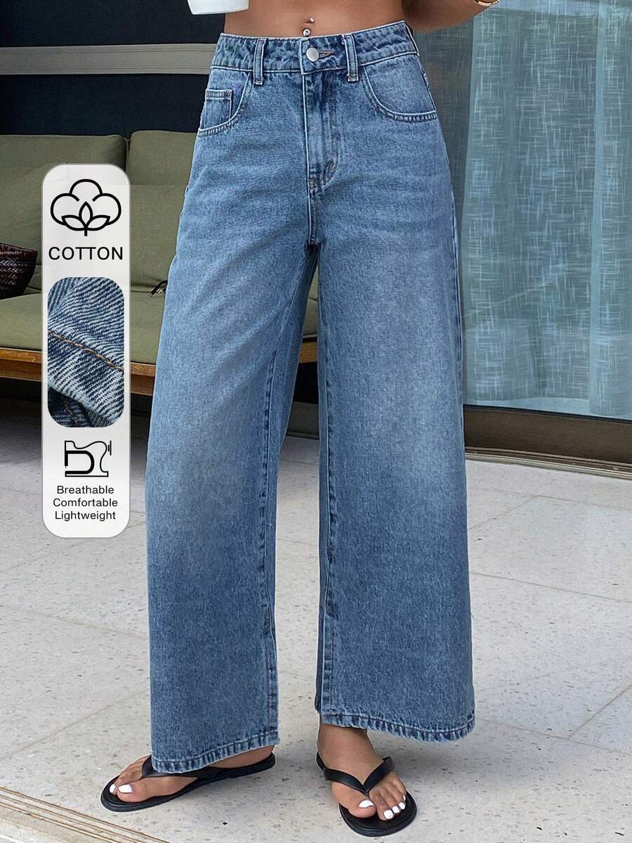 DAZY Quần jeans ống rộng nữ kiểu dáng thường ngày, có túi và cúc, phù hợp với mọi dịp, phong cách Y2K. - Rửa trung bình - Xem 1