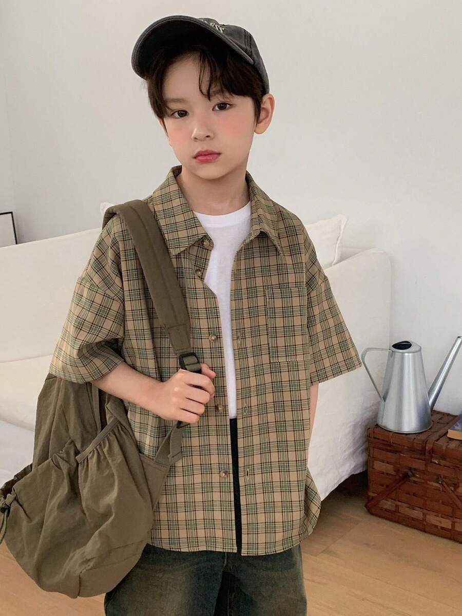 DAZY Áo sơ mi ngắn tay kẻ caro dáng casual cho bé trai tuổi teen, mùa hè. - Màu Khaki - Xem 1