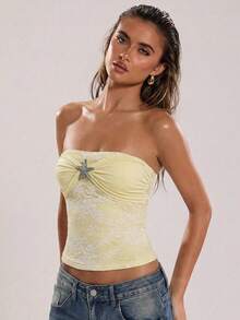 SHEIN BAE 女士蕾丝拼接海星装饰抹胸上衣，适合海滩度假、休闲外出和朋友聚会，春夏款 - 黃色 - 查看 4