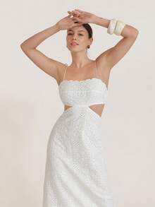 CielaLinda Women's Bohemian White Hollow Fabric, Hollow Waist Back Binding Sleeveless White Dress - White - View 7