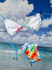 Swim Vcay Bộ bikini nữ gợi cảm kiểu yếm hở lưng buộc dây xếp nếp in họa tiết nhiệt đới, thích hợp cho kỳ nghỉ hè, thu ở bãi biển. - Nhiều màu - Xem 3
