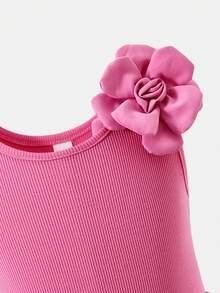 SHEIN 女童针织圆领花卉拼接无袖休闲中长连衣裙 - 粉色 - 查看 6