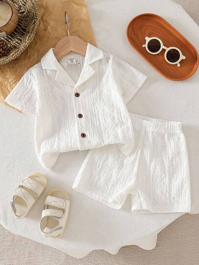 SHEIN Playful Pals 2pcs Baby Boys' Summer Casual Geometric Hollow Design Accent White Shirt And Shorts Set, Suitable For Outings, Photo Shoots, And Parties