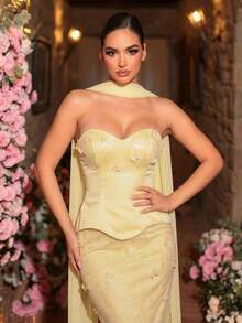 Glamrae 优雅奢华的串珠刺绣缎面露肩连衣裙，饰有3D立体波浪花边下摆和喇叭裙摆，适合晚宴、商务活动、私人派对、生日、节日、婚礼和其他正式场合。 - 淡黃色 - 查看 7