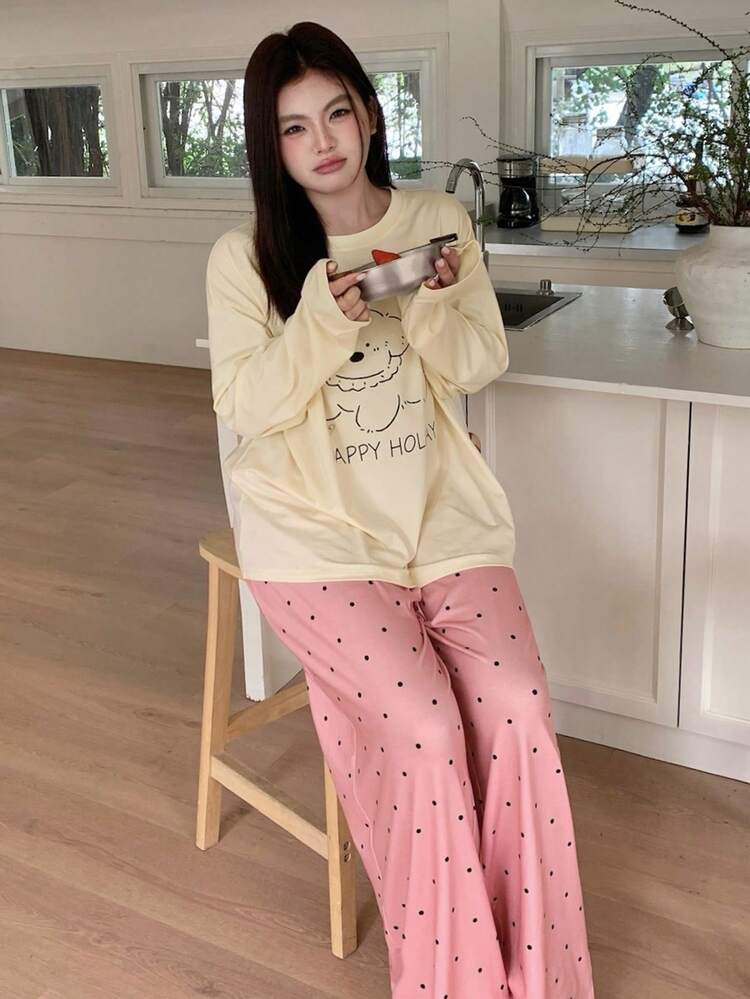 Dazy Plus 2pcs Plus Size Women Cute Cartoon Print Loose Long Sleeve Top And Polka Dot Long Pants Pajama Set, Spring/Autumn