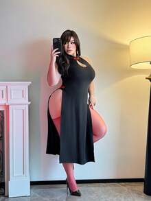 Vibekara Plus Size Dark Style Five-Pointed Star Collar Patchwork Waist A-Line Dress - Black - View 4