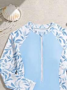 少女度假沙滩植物印花拼接连体泳衣带短裤套装 - 藍色 - 查看 4
