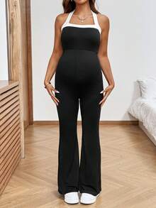 SHEIN Bộ áo liền quần bầu mùa hè kiểu dáng thường ngày, phối màu tương phản, hở lưng, cổ yếm. - Đen và trắng - Xem 6