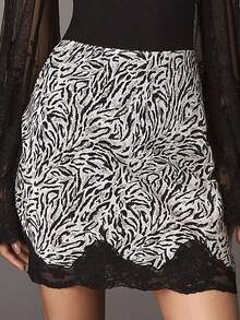 Siren Gaze Women's Lace Detail Zebra Print Skirt, Elegant Skirt, Fashionable Zebra Print Pajama Skirt With Delicate Lace Trim Comfortable Sleepwear Bottoms , Graduation Ceremony, Going Out Outfits, Wedding, Party, Summer - Black and White - View 8
