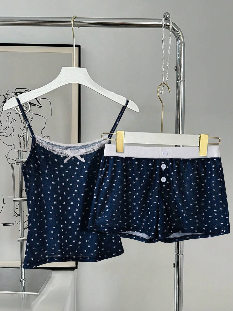 Bộ đồ mùa hè cho bé gái, họa tiết hoa nhí, gồm áo hai dây và quần short. - Màu xanh lam - Xem 1