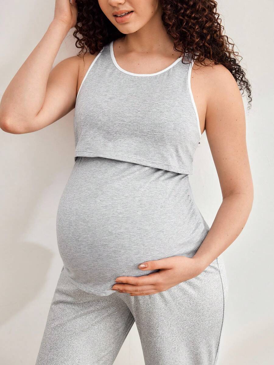 Maternity Round Neck Casual Nursing Friendly Top, Versatile For Daily Wear - Light Grey - View 1