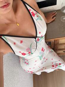 DAZY 女士优雅撞色滚边碎花无袖V领收腰中长睡裙，夏季 - 白色 - 查看 1