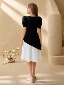 Tween Girl Colorblock Square Neck Petal Sleeve Dress With 3D Floral Decor - Black - View 2