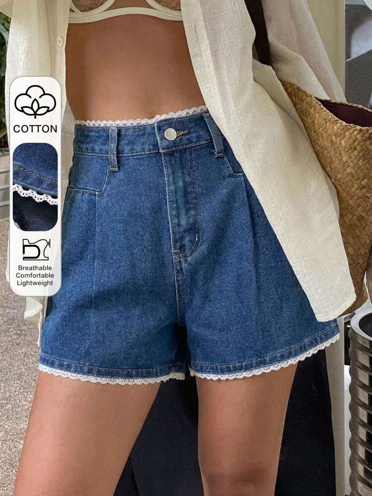 Women's Cotton Lace Patchwork Denim Shorts For Beach, Summer Y2k Jorts