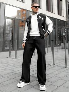 Artur Kramer 男士字母印花口袋宽松阔腿休闲牛仔裤 - 黑色 - 查看 1