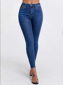 Rivivi Quần jeans nữ dáng ôm cạp cao, đơn giản, đa năng, màu trơn, thích hợp mặc hàng ngày đi làm, quần jeans nữ cạp cao co giãn, quần jeans định hình vòng ba, quần jeans nữ cạp cao dáng ôm, quần jeans cạp cao - Rửa tối - Xem 8