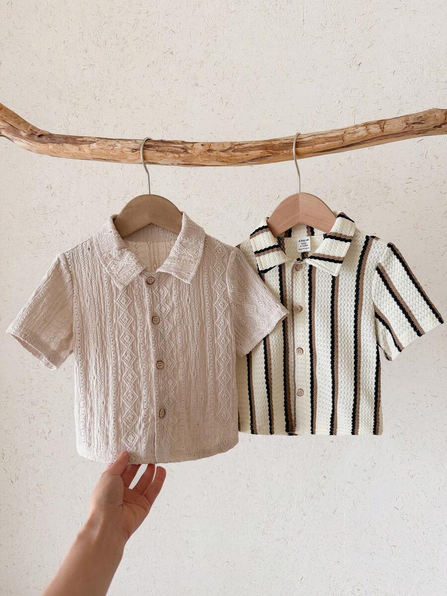 2 piezas Camisas de punto a rayas lindas y casuales de verano para niño pequeño, conjunto de camisas - Multicolor - Ver 1
