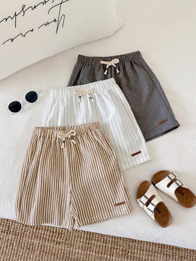 3pcs Kids/Young Boy Casual Versatile Letter Print Shorts, Striped Shorts, Pants Set, Suitable For Birthday Party, Rave, Evening Party, Performance, Wedding