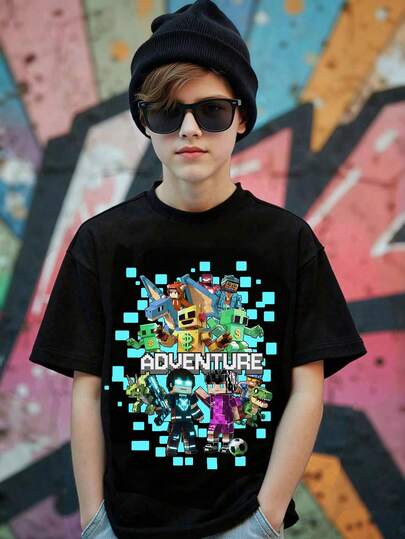 Camiseta de manga corta con cuello redondo y estampado de bloques de construcción para niño pequeño, adecuada para festivales, fiestas, ligera y cómoda para primavera/verano, uso casual y de moda para exteriores, picnics, escuela, regalos