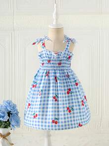 SHEIN 女童无袖褶皱彩色中长连衣裙，休闲公主风，适合度假和聚会 - 藍色 - 查看 5