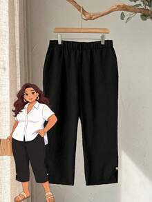EMERY ROSE Plus Size Women Solid Color Elastic Waist Casual Pants Summer Spring Country Style For Women Black Pants - Black - View 1