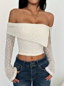 SHEIN PETITE Áo nữ thời trang thu đông, chất liệu vải có họa tiết, kiểu trễ vai, xếp ly, tay dài, màu trắng, trang phục ấm áp cho mùa thu đông. - Màu be - Xem 5