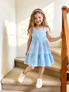 Elladie kids Young Girls Casual Fashion Blue Dress, Sky Blue Solid Woven Openwork Fabric, Sleeveless Strap Patchwork Waist Dress, Suitable For Young GirlCute Lady, Casual Fashion, Comfortable Wear, Suitable For Daily School, Outing, Vacation, Beach Photo, Party And Holiday Outfit, Powder Blue Dress For Kids, Girls Summer Dress, Girls Sleeveless Blue Dress, Kids Embroidered Dress, Sky Blue Dress For Girls.Summer Outfits.Elegant Party Dresses.Squishy Dress. - Blue - View 6