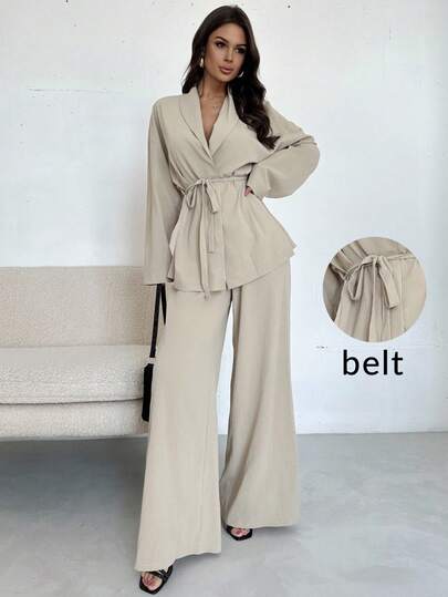 Firerie Elegant & Casual Vacation/Commute Women Collar Tie Waist Loose Shacket With High Waist Soft Pants, Suitable For Autumn & Summer Soft Lounge Set