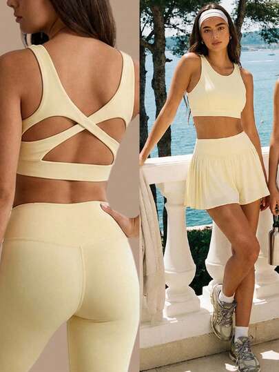 Fluxe Women's Solid Color Criss-Cross Back Design Casual Fitness Workout Top, Summer Holidays, Beach Vacations For Women, Summer Top, Women's Sportswear, Yellow Top