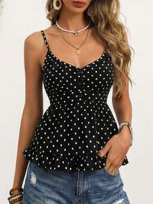 Breezaya 女士复古波点V领单排扣褶皱荷叶边吊带背心，适合情人节约会、朋友聚会、夜市漫步，甜美又性感，春夏皆宜。 - 黑與白 - 查看 1