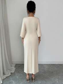 SHEIN PETITE Women's Casual V-Neck Twist Knot Slit Batwing Sleeve Cinched Waist Bodycon Dress - Apricot - View 2