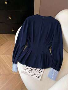 Revavyn Women's Sweatshirt Fabric Fitted Waist Dropped Shoulder Sweatshirt, Suitable For Everyday Commuting. Summer Weddings & Events - Blue - View 2