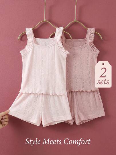 SHEIN 女婴舒适百搭甜美可爱吊带短裤套装，多件套夏季服装