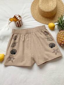 Comfortcana Quần short nữ Camel cạp chun, họa tiết vỏ sò, kiểu dáng thường ngày, đa năng cho mùa hè. - Lạc đà - Xem 3
