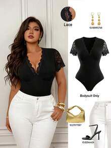 Femmeverse Bodysuit Lengan Pendek Seksi Motif Renda untuk Wanita Ukuran Plus - Hitam - View 1