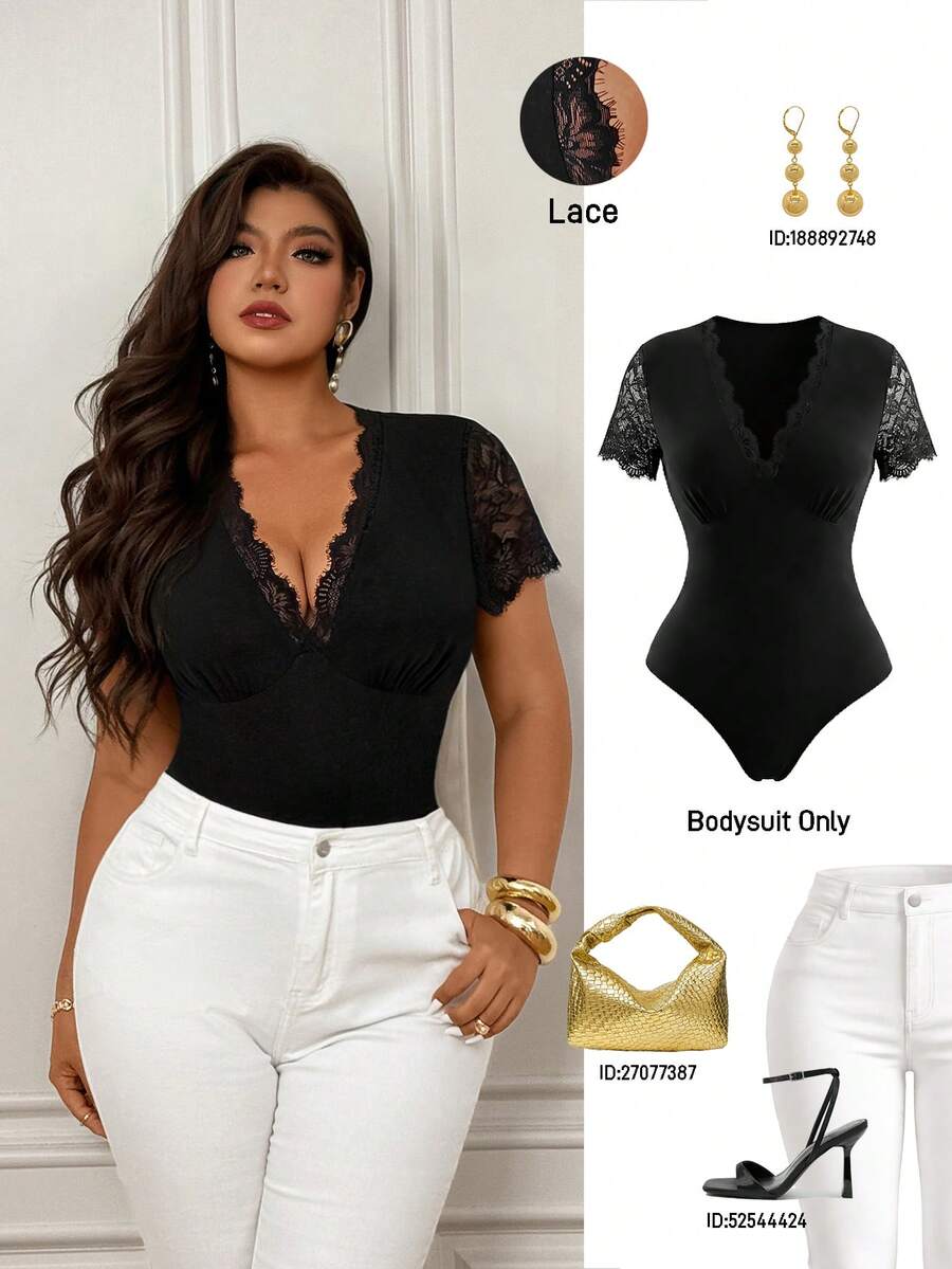 Femmeverse Bodysuit Lengan Pendek Seksi Motif Renda untuk Wanita Ukuran Plus - Hitam - View 1
