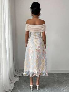 Modelyn Vestido de verano minimalista y sexy con hombros descubiertos, bordado, parches de malla y volantes de punto de poliéster para mujer - Albaricoque - Ver 3