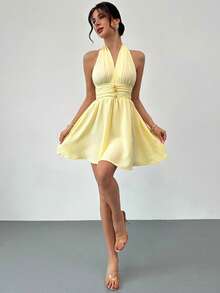 Firerie 女士优雅、精致、浪漫的露背摆裙，适合婚礼宾客、毕业典礼、正式场合穿着。 - 鵝黃色 - 查看 8