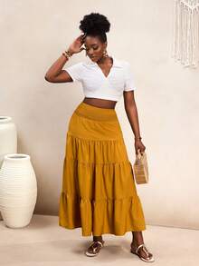 BamGleam Women's Elastic Waist Ruffle Hem Skirt - Brown - View 5