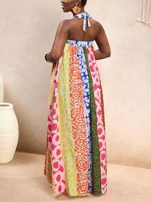 VaVaBold 2026新款女士彩色条纹撞色印花长款吊带连衣裙，超宽下摆，花卉图案夏季吊带裙，沙滩长裙，适合度假和休闲海滩穿着，领口可系带 - 彩色 - 查看 2