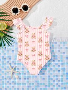 SHEIN 奶油白和奶油粉条纹，可爱甜美的BM风格蝴蝶结泰迪熊童话印花，海岛度假风，少女春夏甜美时尚休闲可爱荷叶边袖连体泳衣，度假，海滩，沙滩装，度假风，度假套装 - 彩色 - 查看 2