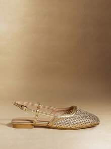 Rosivie Giày nữ mũi vuông đế bằng chất liệu bện vàng, kiểu slingback, giày đế bằng nữ phong cách nghỉ lễ, phong cách retro, phong cách bohemian, giày đế bằng thoải mái cho nữ. - Vàng - Xem 3