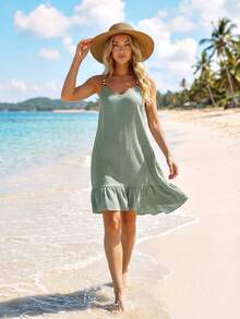 Sylviya 女士纯色褶皱串珠度假迷你吊带裙 - 綠色 - 查看 5