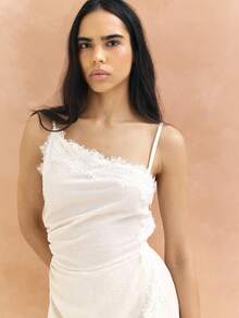 KSTM Asymmetric White Lace Slip Dress With Lace Trim Midi Length Spaghetti Strap Feminine Elegant Summer Spring Date Night Wedding Guest - Apricot - View 5