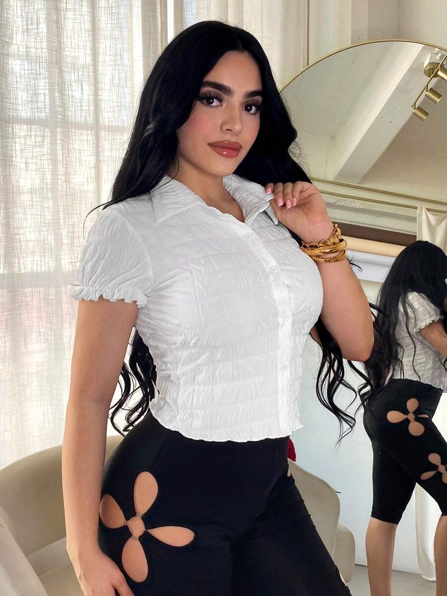 SHEIN SXY 白色休闲修身纽扣领衬衫 - 白色 - 查看 1
