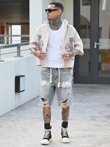 Devon Thys 男士罗马肖像印花短袖单排扣休闲衬衫 - 杏色 - 查看 5