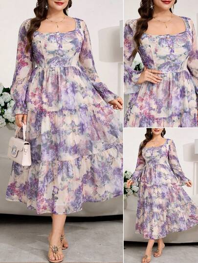 Reflora Vestido elegante de mujer talla grande con cuello cuadrado, mangas acampanadas y volantes en el bajo, con estampado floral