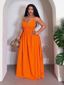 Slaydiva 2026春夏优雅通勤休闲装,生日派对、毕业典礼、学生装、日常外出、百搭单品、休闲度假、邮轮旅行、海滩、日光浴、潮流单品、商务休闲、简约休闲风,适合海滩和夏季穿着。女士无袖收腰A字中长连衣裙 - 橙色,Y2K风格连衣裙,女士长裙,Deeka Wow连衣裙 - 橘色 - 查看 4