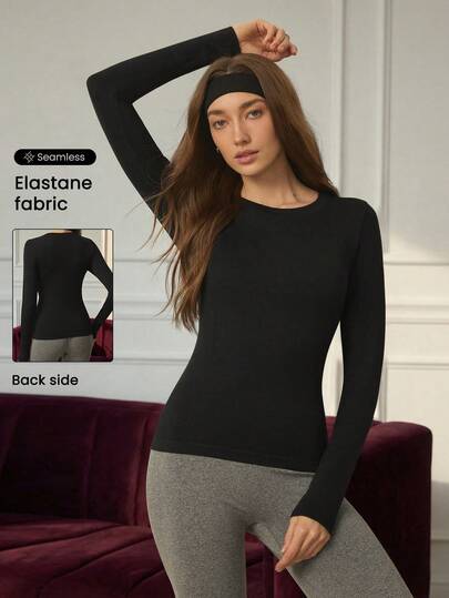 With My Calm 女士纯色运动长袖T恤，无缝圆领基础款罗纹长袖T恤，女士健身修身长袖T恤