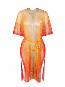 Swim SXY 女士彩色渐变高开衩长流苏网纱系带性感和服罩衫泳衣，适合春、夏、秋季海滩度假 - 彩色 - 查看 5